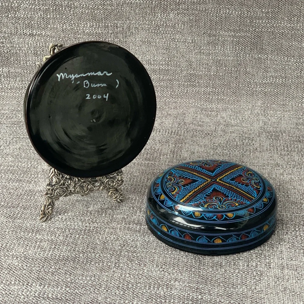 Vtg Paisley Circle Trinket Box Lacquer Kashmir Hand Painted Paper Mache Myanmar